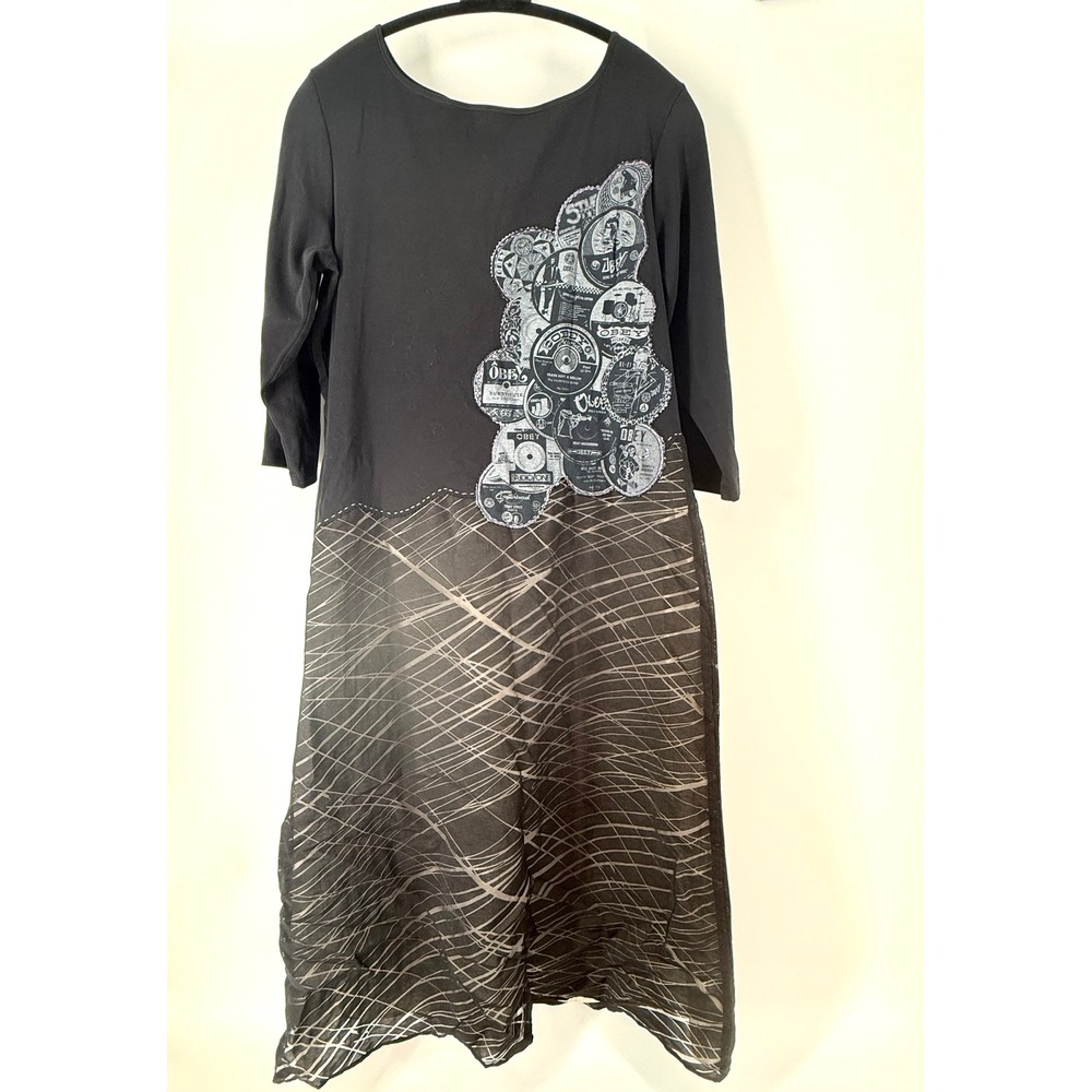 Talbots Petites Black Mixed Media Midi Dress Obey Graphic Record Print Large P